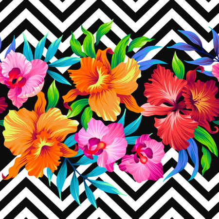 Seamless pattern with hibiscus flowers and leaves on zigzag background. Vector illustration.のイラスト素材
