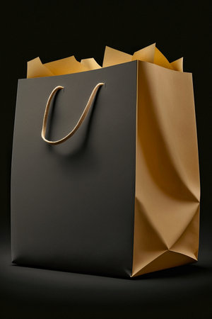 Black and brown paper shopping bags on black background. 3d illustration.の素材
