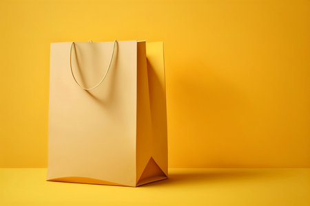 Shopping paper bag on yellow background with copy space for your textの素材