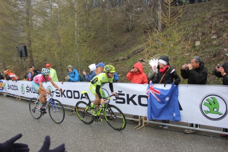 Bardonecchia, ITALY - MAY 18  Vincenzo Nibali and Mauro Santambrogio at the end of the 14th stage of 2013 Giro d Italia on May 18, 2013 in Bardonecchia, Italyのeditorial素材