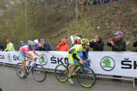 Bardonecchia, ITALY - MAY 18  Vincenzo Nibali and Mauro Santambrogio at the end of the 14th stage of 2013 Giro d Italia on May 18, 2013 in Bardonecchia, Italyのeditorial素材