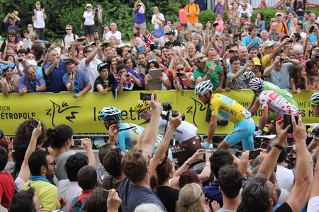GRENOBLE, FRANCE - JULY 19  Peter Sagan, Joaquim Rodriguez, Vincenzo Nibali, Romain Bardet at the start of stage 14 of Le Tour de France 2014 UCI World Tour on July 19, 2014 in Grenoble, Isere, France  Rafal Majka won the stage のeditorial素材