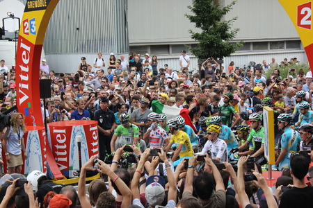 GRENOBLE, FRANCE - JULY 19  Peter Sagan, Joaquim Rodriguez, Vincenzo Nibali, Romain Bardet at the start of stage 14 of Le Tour de France 2014 UCI World Tour on July 19, 2014 in Grenoble, Isere, France  Rafal Majka won the stage のeditorial素材