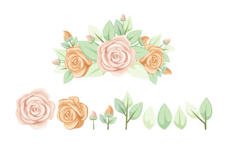 Set of rose flower bouquet and leaves with pale pink color. Leaf and flower greenery collection for wedding or engagement invitation and greeting card designのイラスト素材