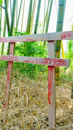 Red wooden signpost in the bamboo forest. Bamboo fence.の写真素材