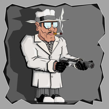 Gangster of The 30-th Years with a cigarette and a pistol. Vector illustration on a grey background.のイラスト素材