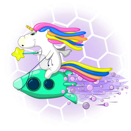 Unicorn on a rocket with a magic wand funny vectorのイラスト素材
