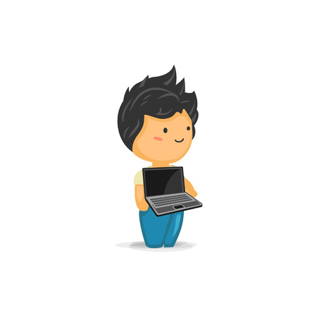 Cute Chibi Boy Holding a Laptopのイラスト素材