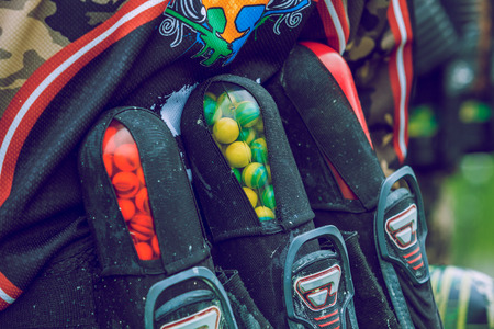 Paintball game battle, players and guns. Latvia, Cesis. 2012のeditorial素材