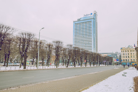 Latvia, Riga, old town center streets, peoples and architecture. 2018 Old and silent town. Travel photo.のeditorial素材