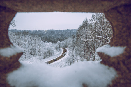 City Sigulda, way and wood. Winter in Latvia 09.01.2016. Cold and white. Travel photo.のeditorial素材