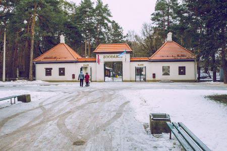 Riga, Latvia, Zoo entrance an peoples. Old building and snow , winter. 2018. Travel photo.のeditorial素材
