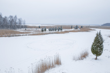 Bird watching tower in lake Kanieris. Snow and ice, nature photo. Travel photo at Latvia. 2018の写真素材