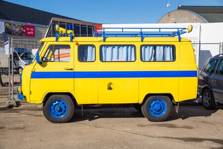 City Riga, Latvia. Old Ð£ÐÐ bus at street. Urban city photo. Street, way and buildings. 07.04.2018のeditorial素材