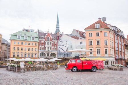 Latvia, Riga, old town center, fire truck and architecture. Streets and park. 2018のeditorial素材