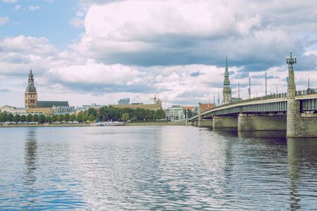 City Riga, Latvia. Old town center, bridge and architecture. Travel photo 2018. Capital of Latvia....