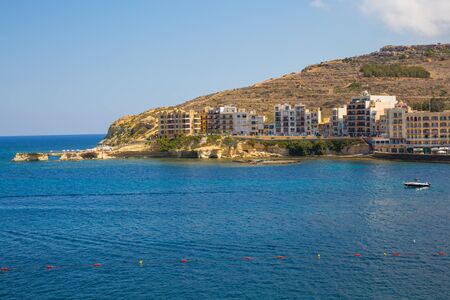 City Gozo, Malta, Europe. Ocean, blue water and peoples. Rock and nature. Travel photo 2018...