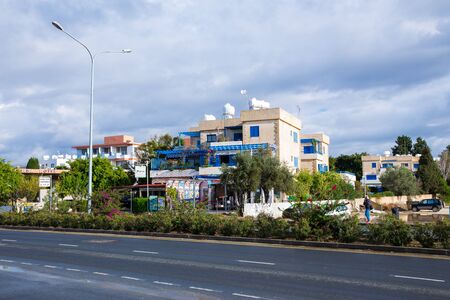City Paphos, Cyprus. Buildings and streets on island. Travel photo 2018 december. Trees and sun.のeditorial素材