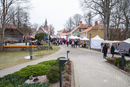 City Valmiera, Latvia. City street markets, buildings and peoples. Travel urban photo 2018. december. Winter time.のeditorial素材