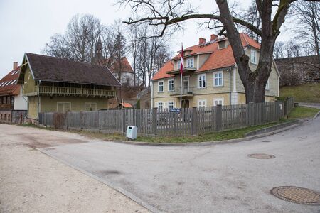 City Valmiera, Latvia. City street, buildings and peoples. Travel urban photo 2018. december. Winter time.のeditorial素材
