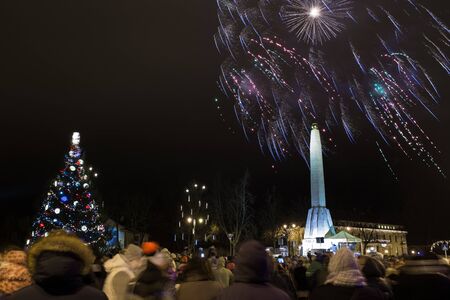 City Cesis, Latvia. New 2019 year clebration at old city center. Winter and fireworks. Travel urban...