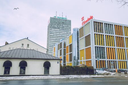 City Riga, Latvia. Old city streets, tourists and architecture. Old houses, streets and urban view. Travel photo 2019. february.Winter, snow and cold.のeditorial素材