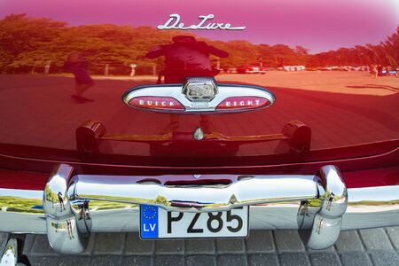 City Riga, Latvian republic. Retro car party. Oldtimer cars at the motor museum. Urban city view. 17...