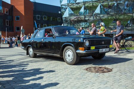 City Riga, Latvian republic. Retro car party. Oldtimer cars at the motor museum. Urban city view. 17 August 2019.のeditorial素材