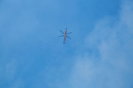 City Moni Osiou Patapiou, Greek Republic. Helicopter flies to extinguish fire. 14. Sep. 2019