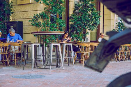 City Athens,  Greek Republic. Urban city street with peoples in cafe. 11. Sep.のeditorial素材