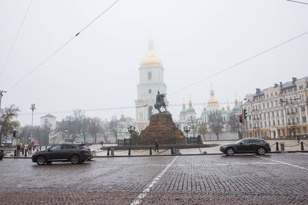 City, Kiev, Ukraine. City center in the morning mist. Street with buildings and tourists. 10.11.2019のeditorial素材