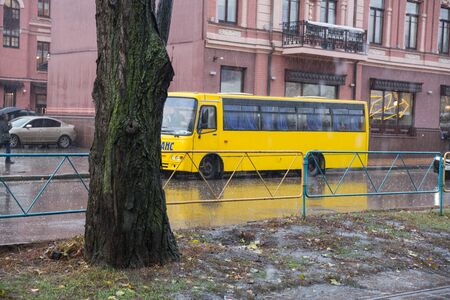 City, Kiev, Ukraine. City center with traffic and bus. Street with buildings and tourists. 11.11.2019のeditorial素材