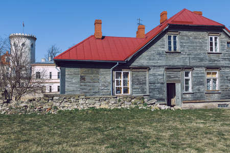 City Cesis, Latvia. Street with old wooden house and buildings.31.03.2020のeditorial素材