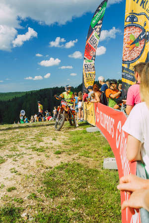 City Cesis, Latvia. Joint cycling mountain ride. A sunny day on the mountain.09.08.2020のeditorial素材