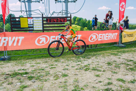 City Cesis, Latvia. Joint cycling mountain ride. A sunny day on the mountain.09.08.2020のeditorial素材