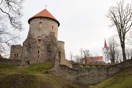 City Cesis, Latvia. Street with old castle what made from rocks. Travel photo.11.01.2020のeditorial素材