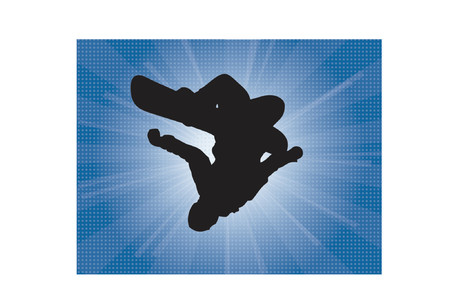 An silloutte illustration of a inverted snowboarder with a winter blast backgroundのイラスト素材