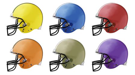 A collection of six American Football Helmets in six different colorsの写真素材