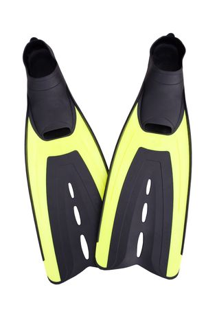 Bright yellow and black scuba or snorkeling fins isolated on whited with a saved clipping pathの写真素材