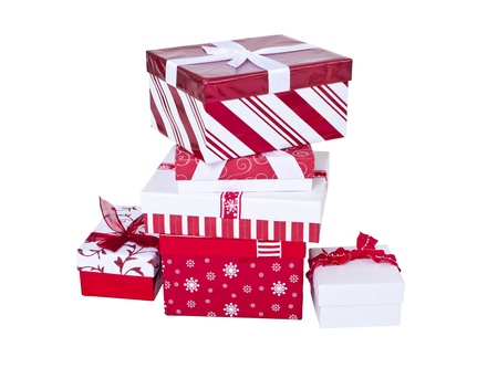 Wrapped Christmas presents isolated on white backgroundの写真素材