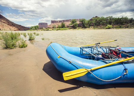 Photo of a large inflatable river raft ready to float down the scenic Colorado Riverの写真素材