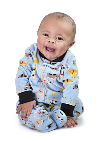 Full length Portrait of smiling black baby boy isolated on a white backgroundの写真素材