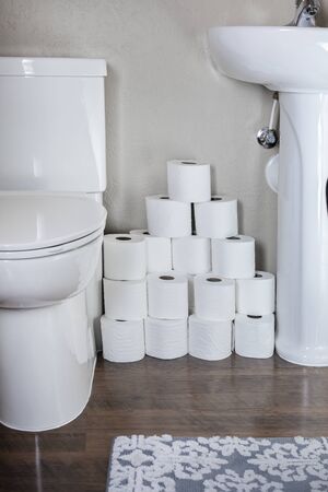 Large stack of toilet paper rolls in a residential bathroom. Home preparedness for emergency situations. Stocking up on the essentials.の写真素材