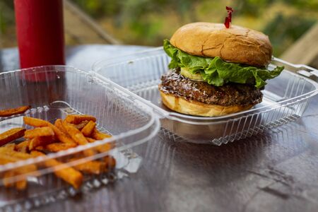 Tasty grilled beef hamburger with lettuce and a pineapple in a clear plastic to go box at an outdoor restaurant. Served with sweet potato friesの写真素材
