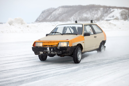 Winter ice track race at frozen river