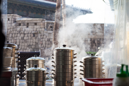 Korean food cooking in steam in Seoulの写真素材