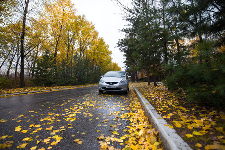 KHABAROVSK, RUSSIA - OCTOBER 14, 2017: HONDA FIT/JAZZ on autumn roadのeditorial素材