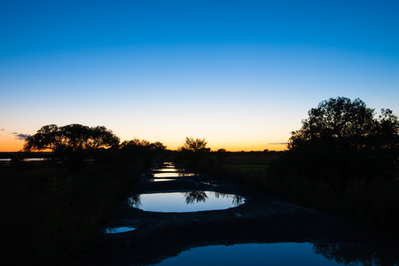 Evening sky reflecting in many puddles on a dirt roadの写真素材