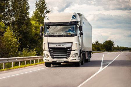 Primorye, Russia - July 21, 2019: White DAF truck on a road in summerのeditorial素材