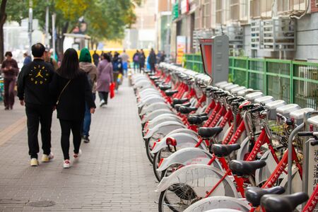 Beijing, China - November 9, 2019: Bicycles for rent in Beijing, China